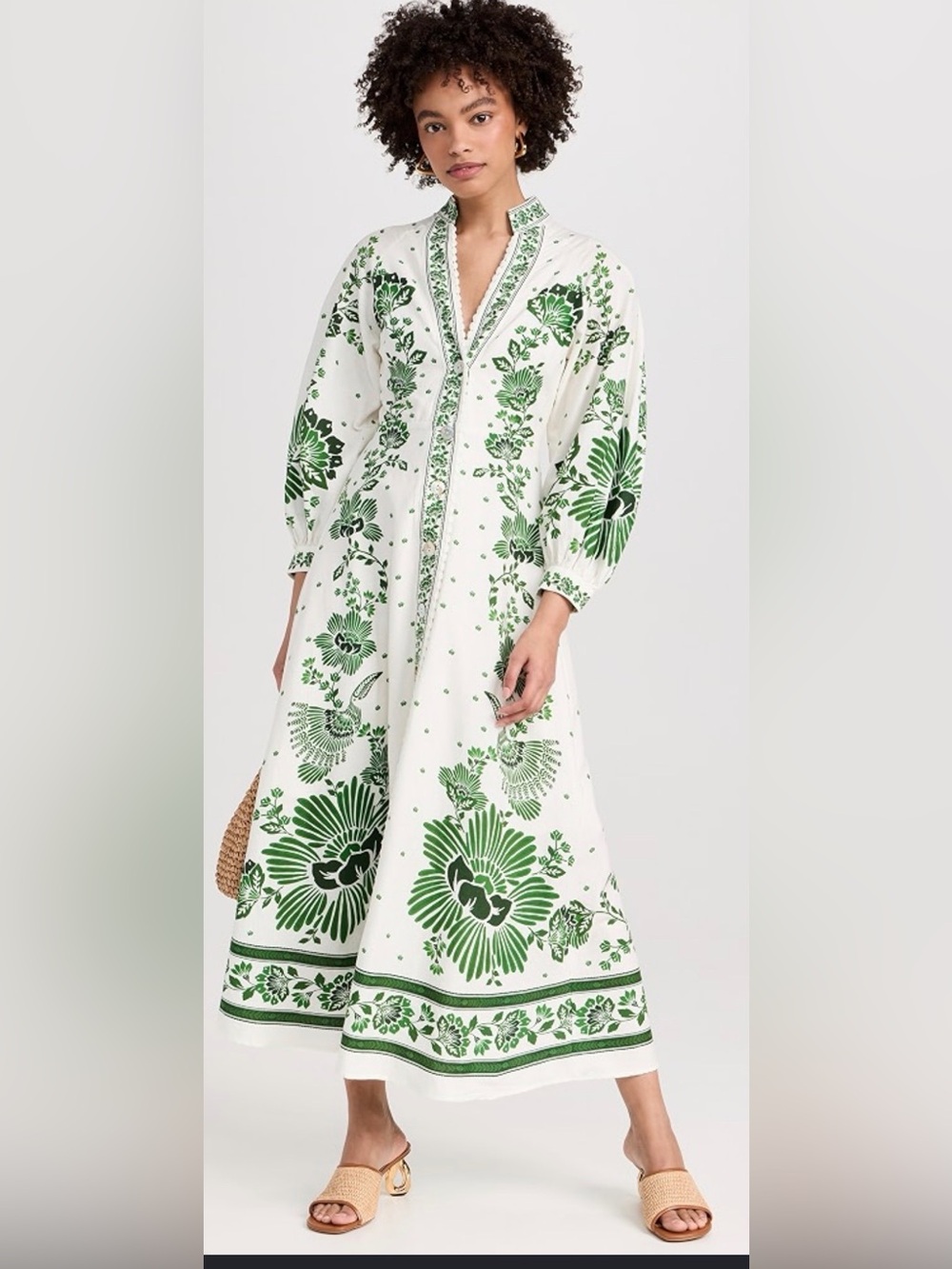 FARM Rio White Midi Dress with Green Floral Print